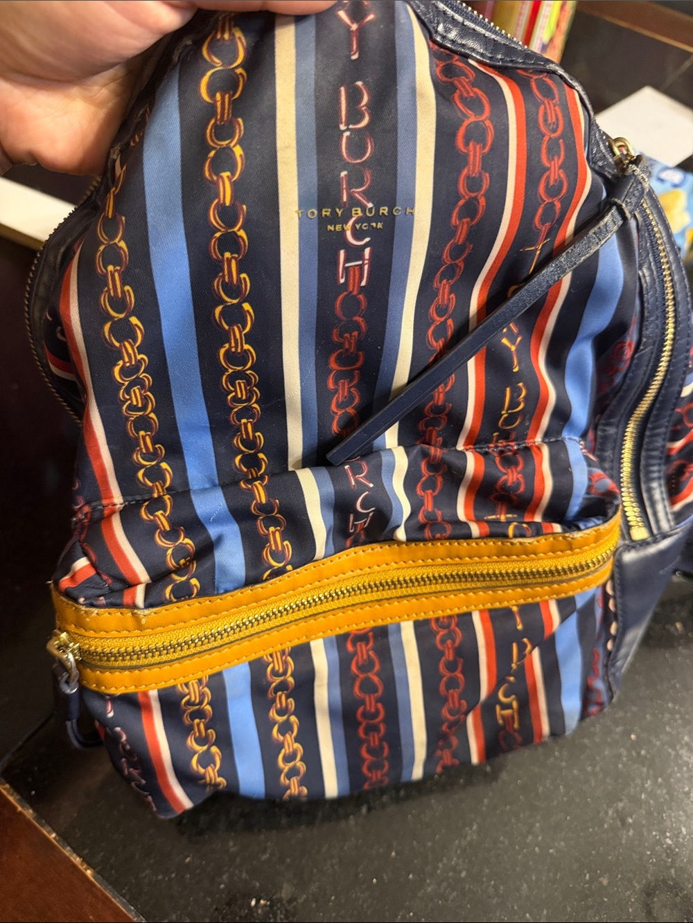 Tory Burch Navy, Yellow & Red Striped Menโs Backpack